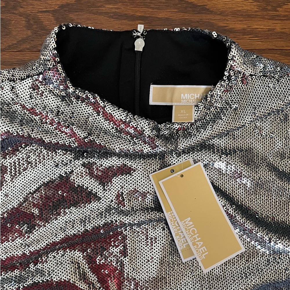 NWT Michael Kors Sequined Funnel Neck Mini Dress Silver Sequin & Black XL - Picture 7 of 16